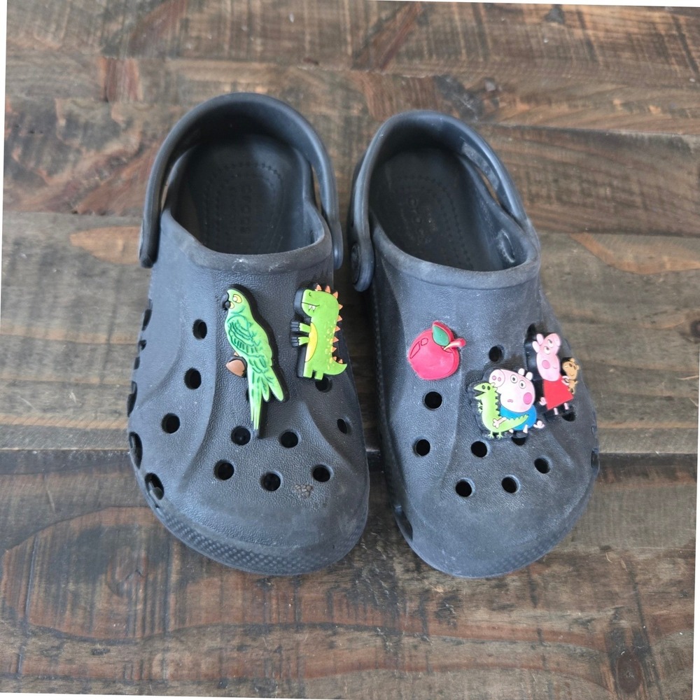 Crocs Kids Classic Clogs Black Size C11 with Pig Dinosaur Jibbitz Charms